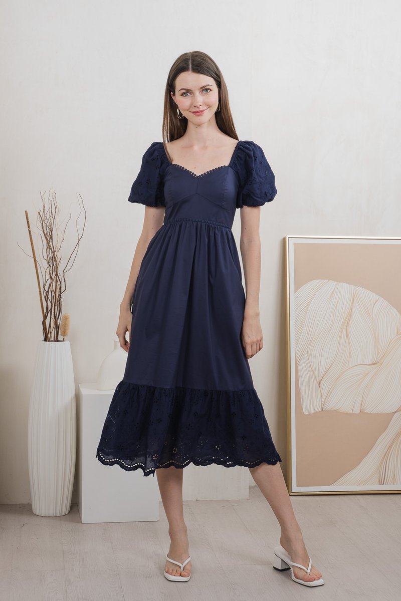 Everett Mixed Fabric Empire Midi Dress In Navy