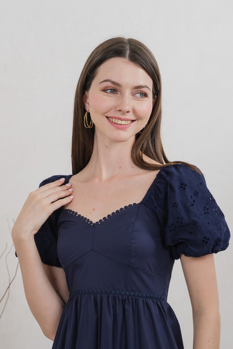 Everett Mixed Fabric Empire Midi Dress In Navy