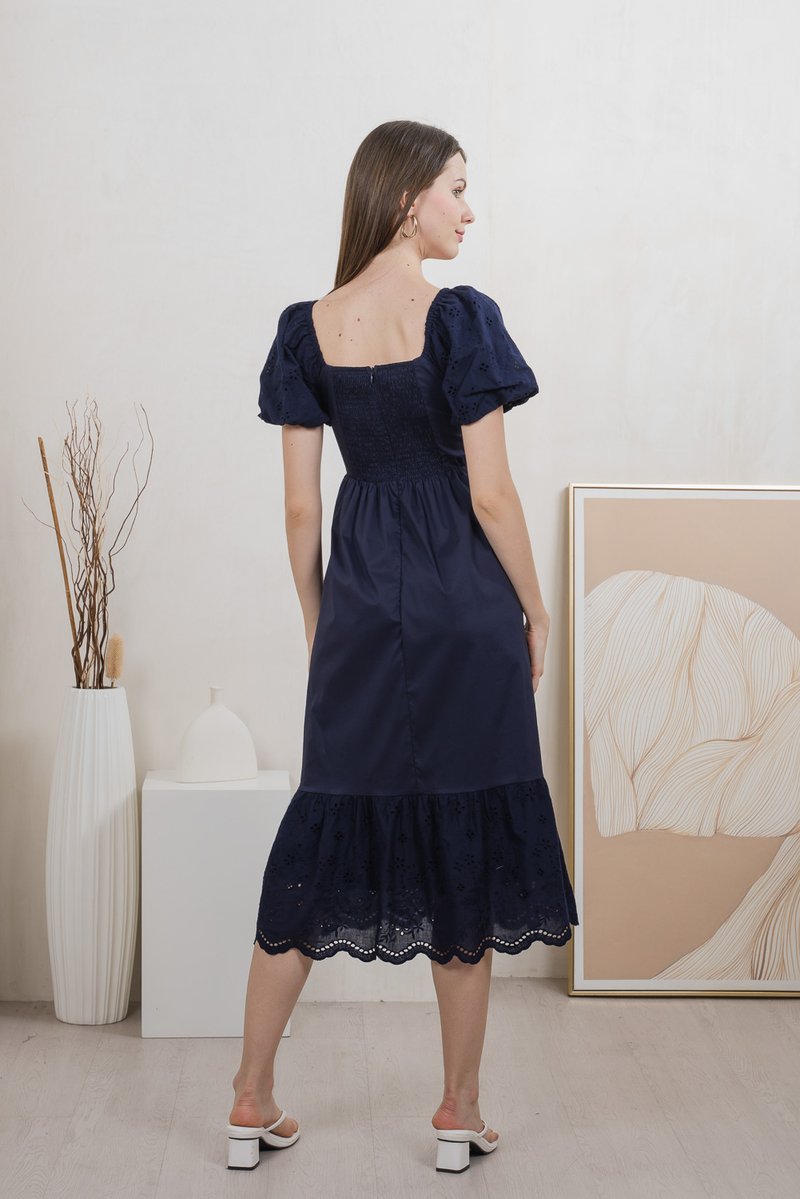 Everett Mixed Fabric Empire Midi Dress In Navy