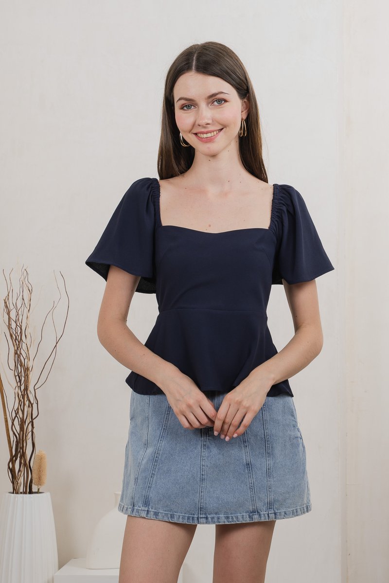 Prudence Flare Sleeve Top In Navy