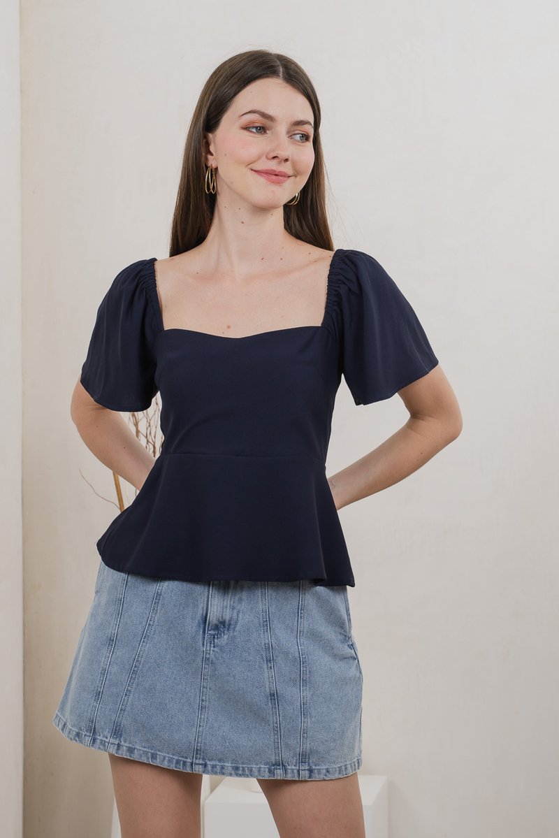 Prudence Flare Sleeve Top In Navy