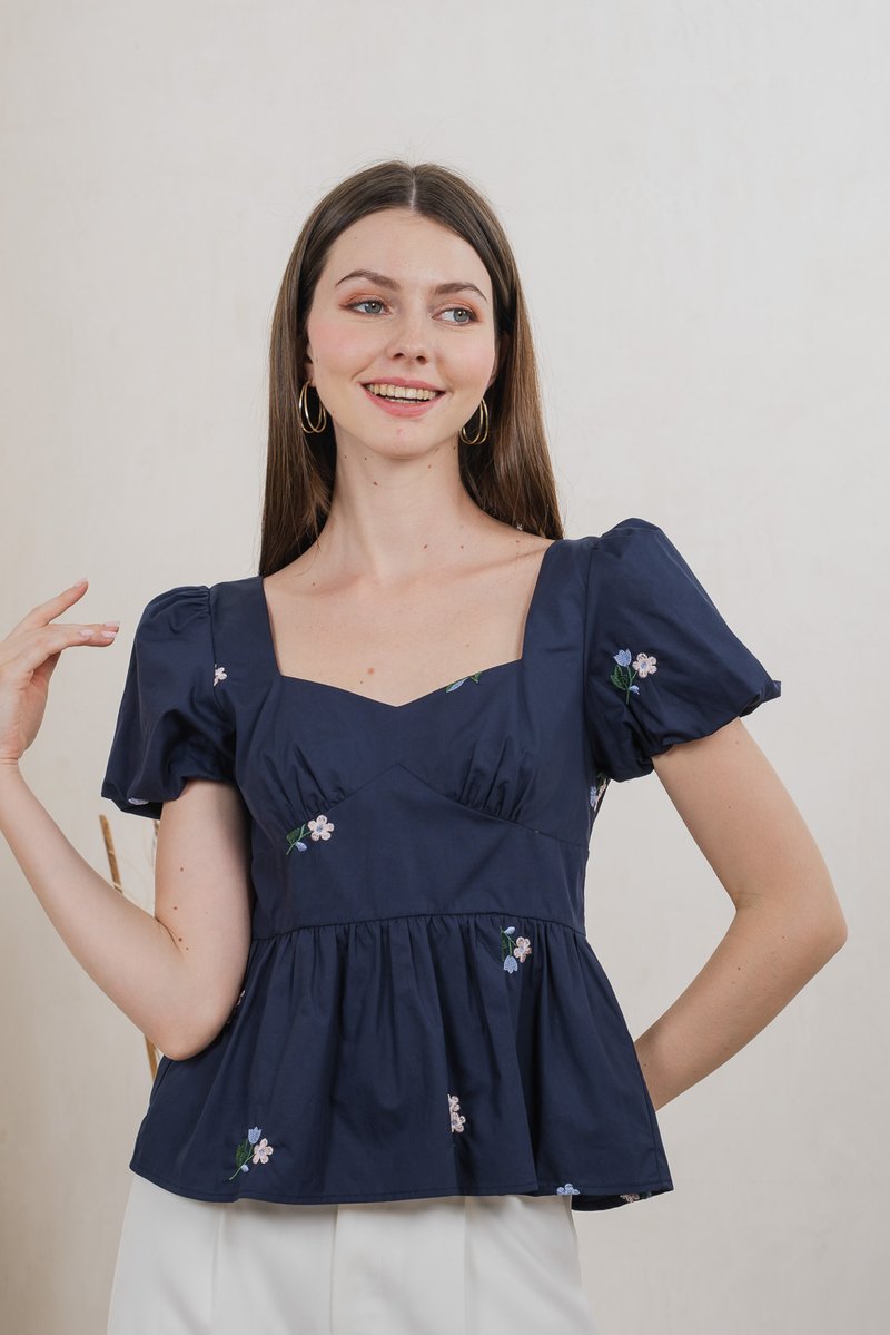 Flourish Floral Embroidery Top In Navy