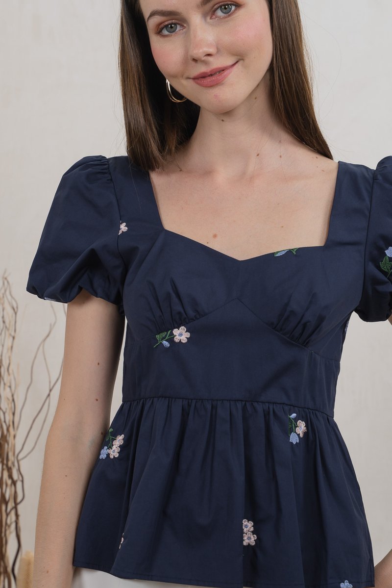 Flourish Floral Embroidery Top In Navy