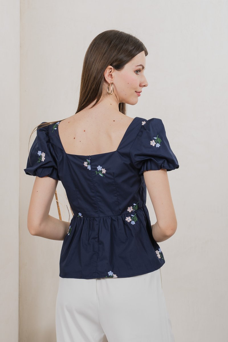 Flourish Floral Embroidery Top In Navy