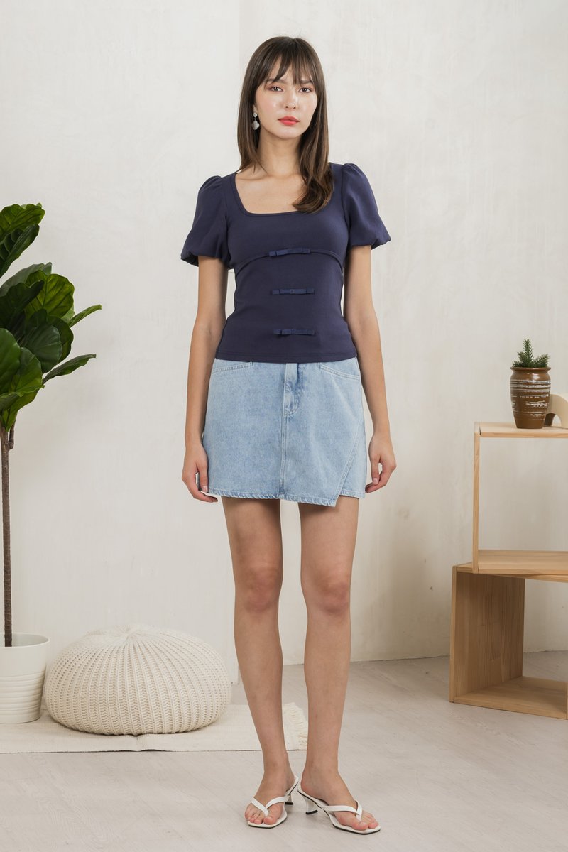 Blanca Ribbed Cotton Bow Top In Navy