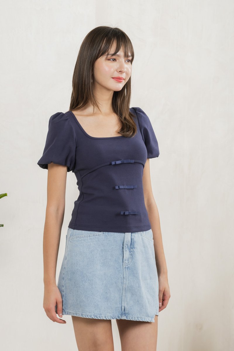 Blanca Ribbed Cotton Bow Top In Navy