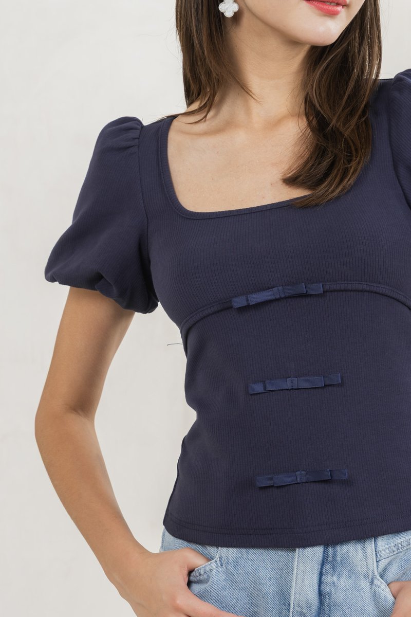 Blanca Ribbed Cotton Bow Top In Navy