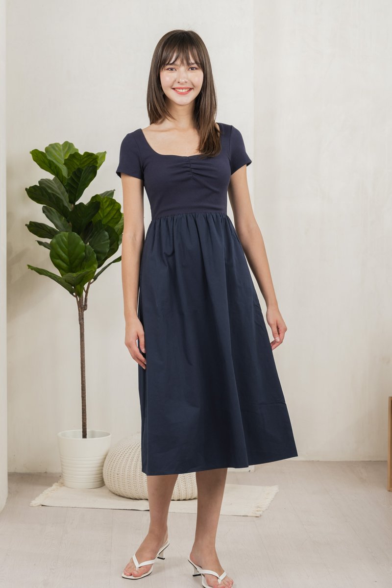 Mica Sweetheart Mix Fabric Midi Dress In Navy (XS)