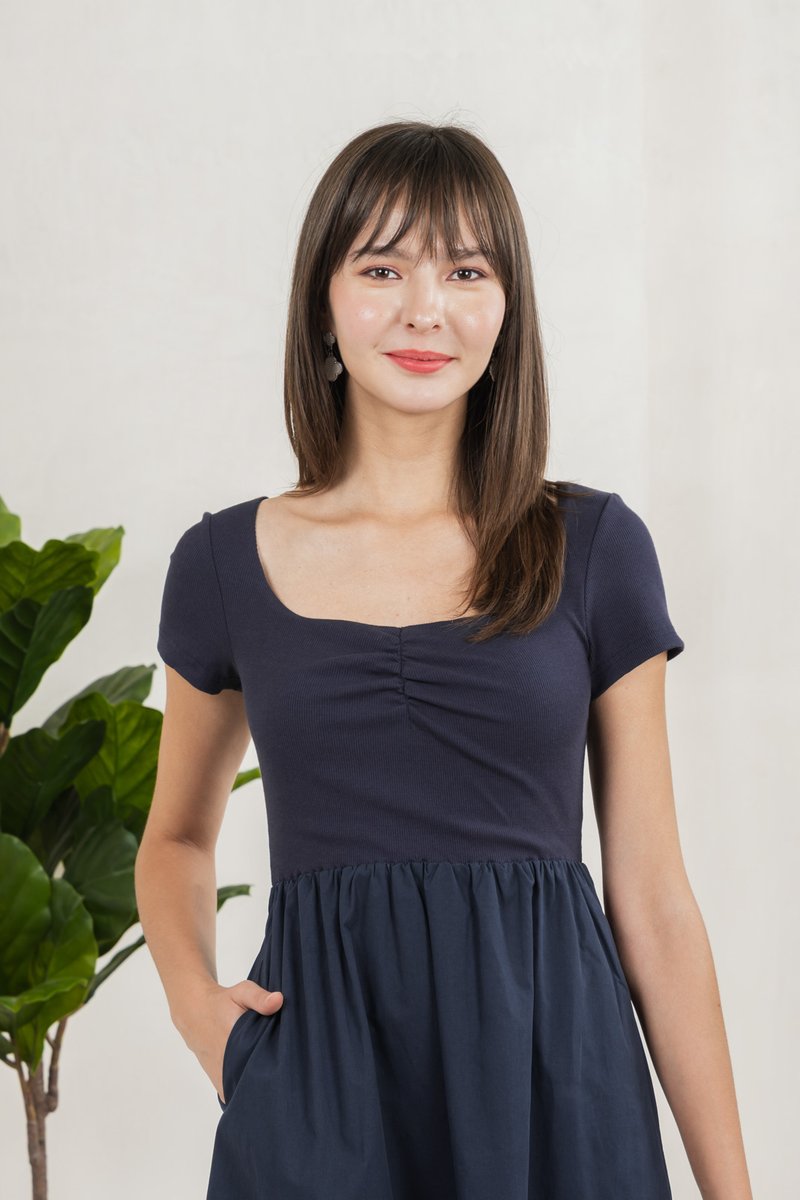 Mica Sweetheart Mix Fabric Midi Dress In Navy (XS)