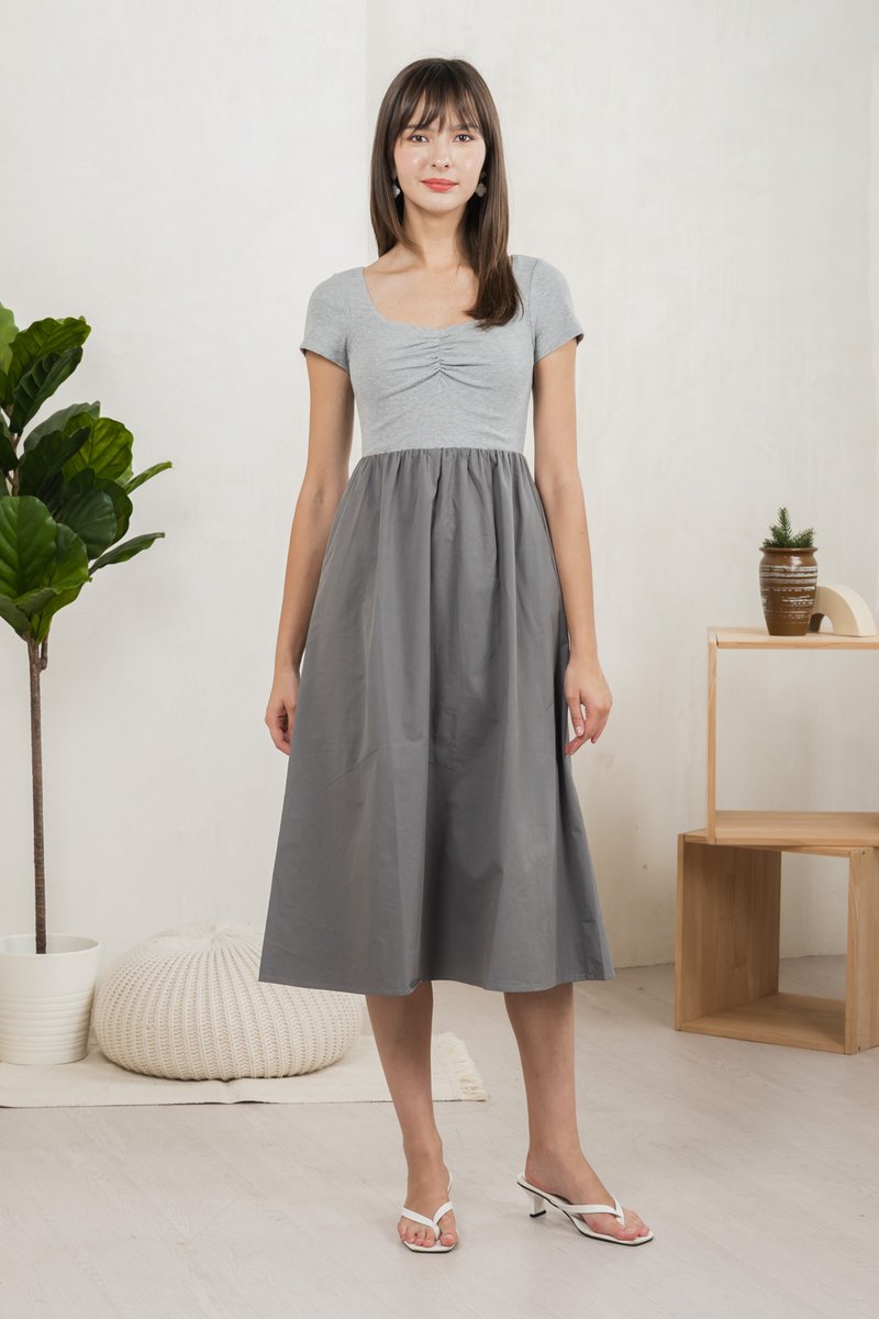 Mica Sweetheart Mix Fabric Midi Dress In Grey (XS)