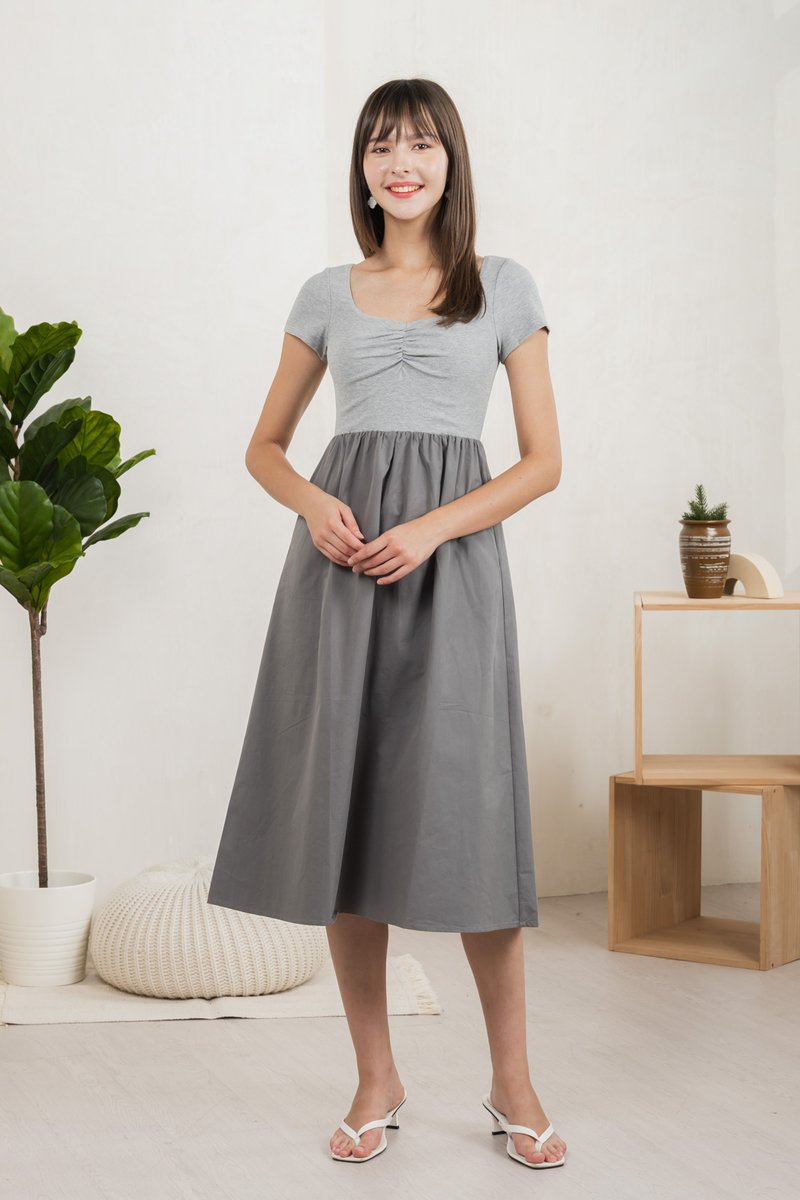 Mica Sweetheart Mix Fabric Midi Dress In Grey (XS)