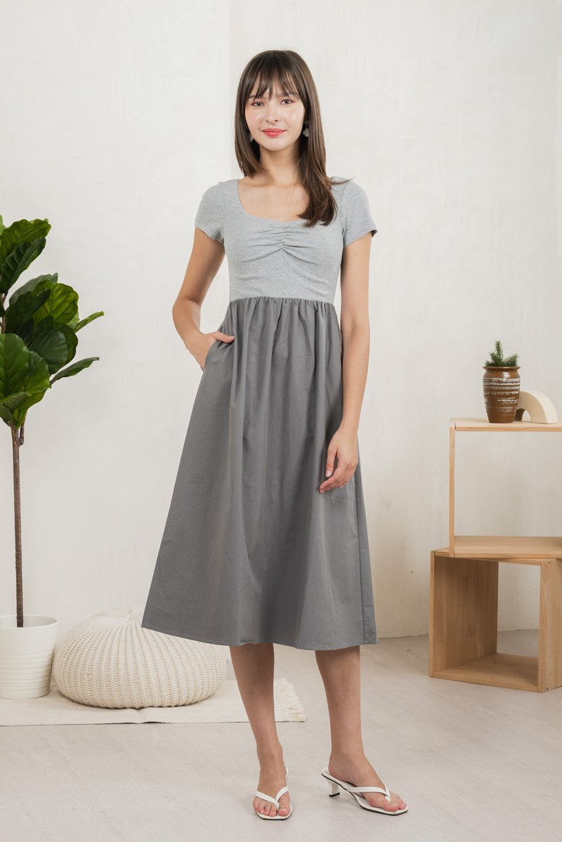 Mica Sweetheart Mix Fabric Midi Dress In Grey (XS)