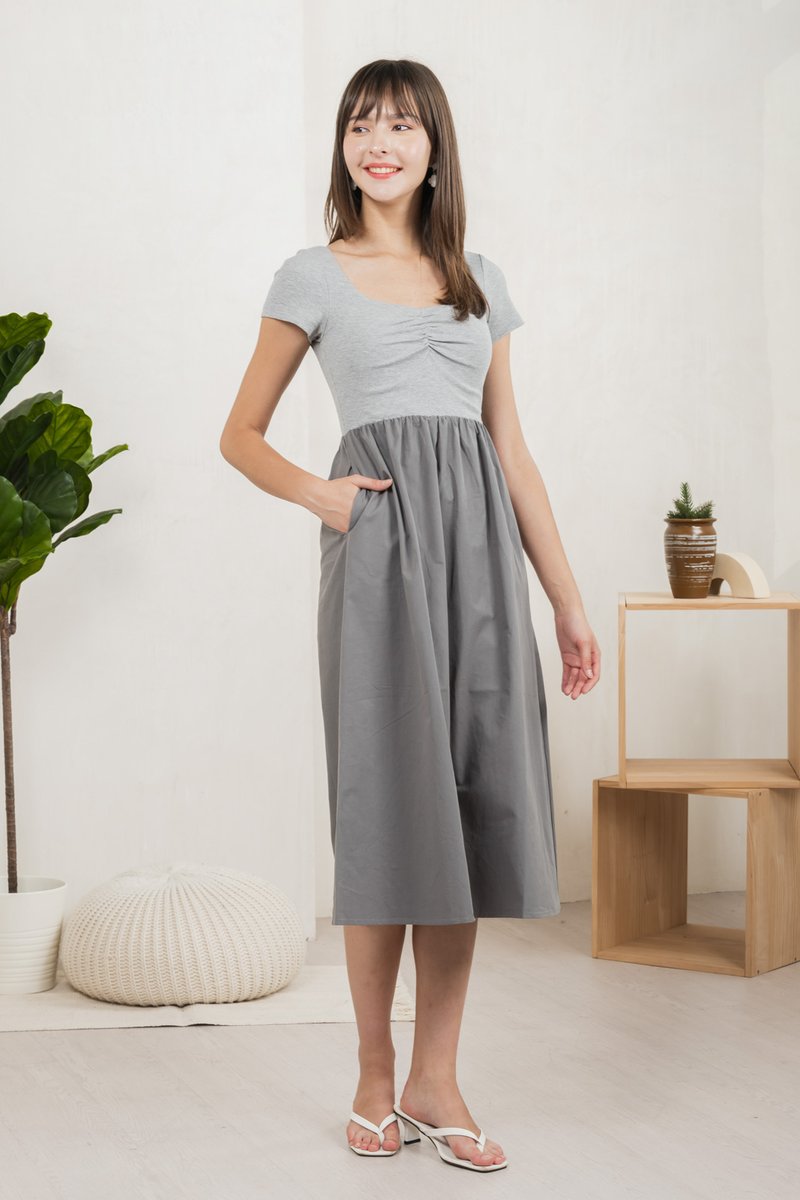 Mica Sweetheart Mix Fabric Midi Dress In Grey (XS)