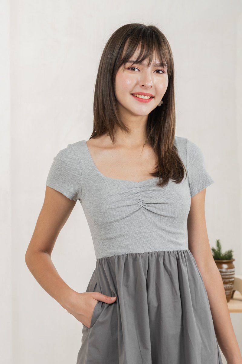 Mica Sweetheart Mix Fabric Midi Dress In Grey (XS)
