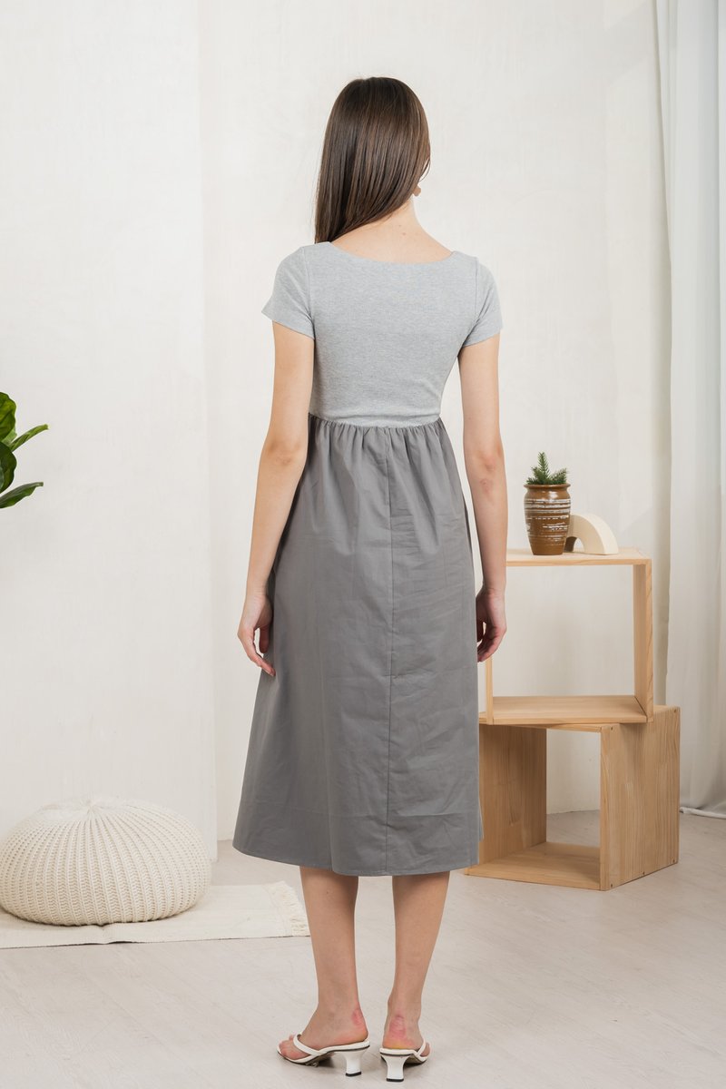 Mica Sweetheart Mix Fabric Midi Dress In Grey (XS)