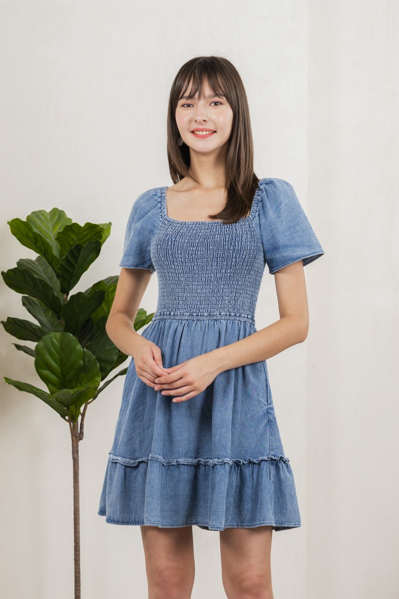 Rumi Smocked Denim Ruffles Dress (XS)