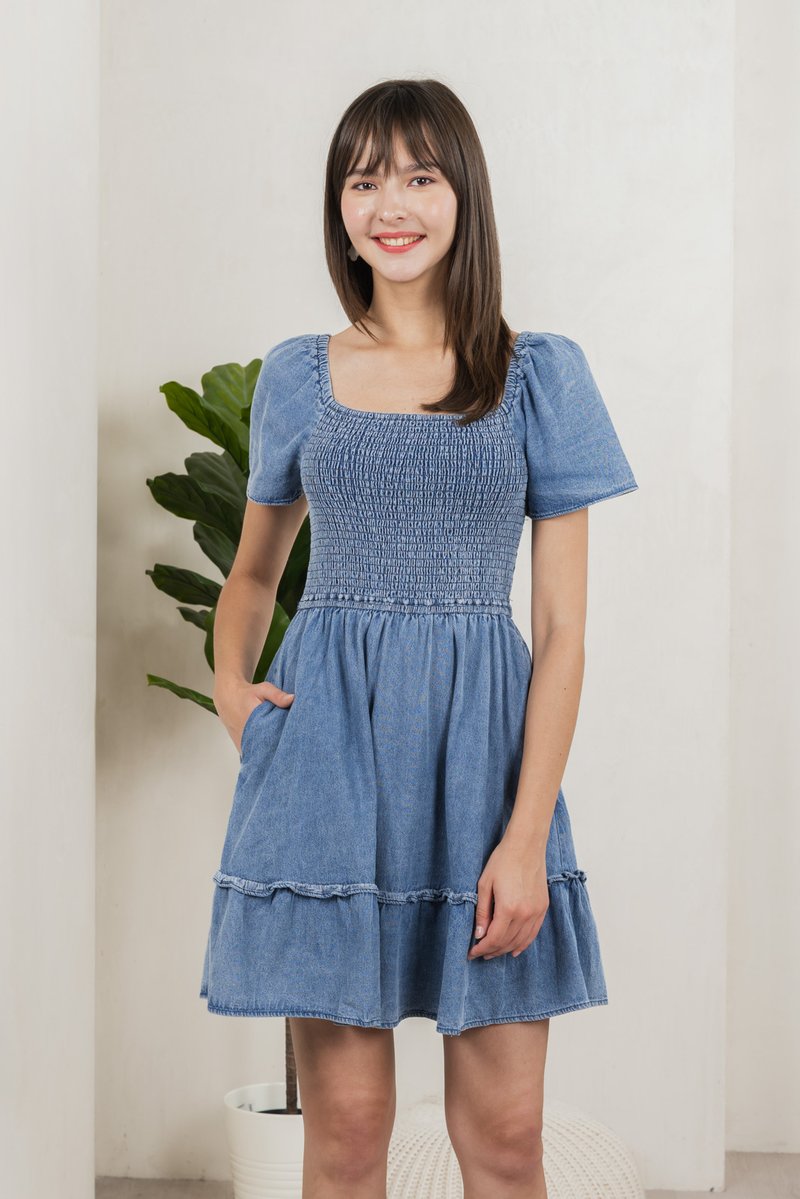 Rumi Smocked Denim Ruffles Dress (XS)