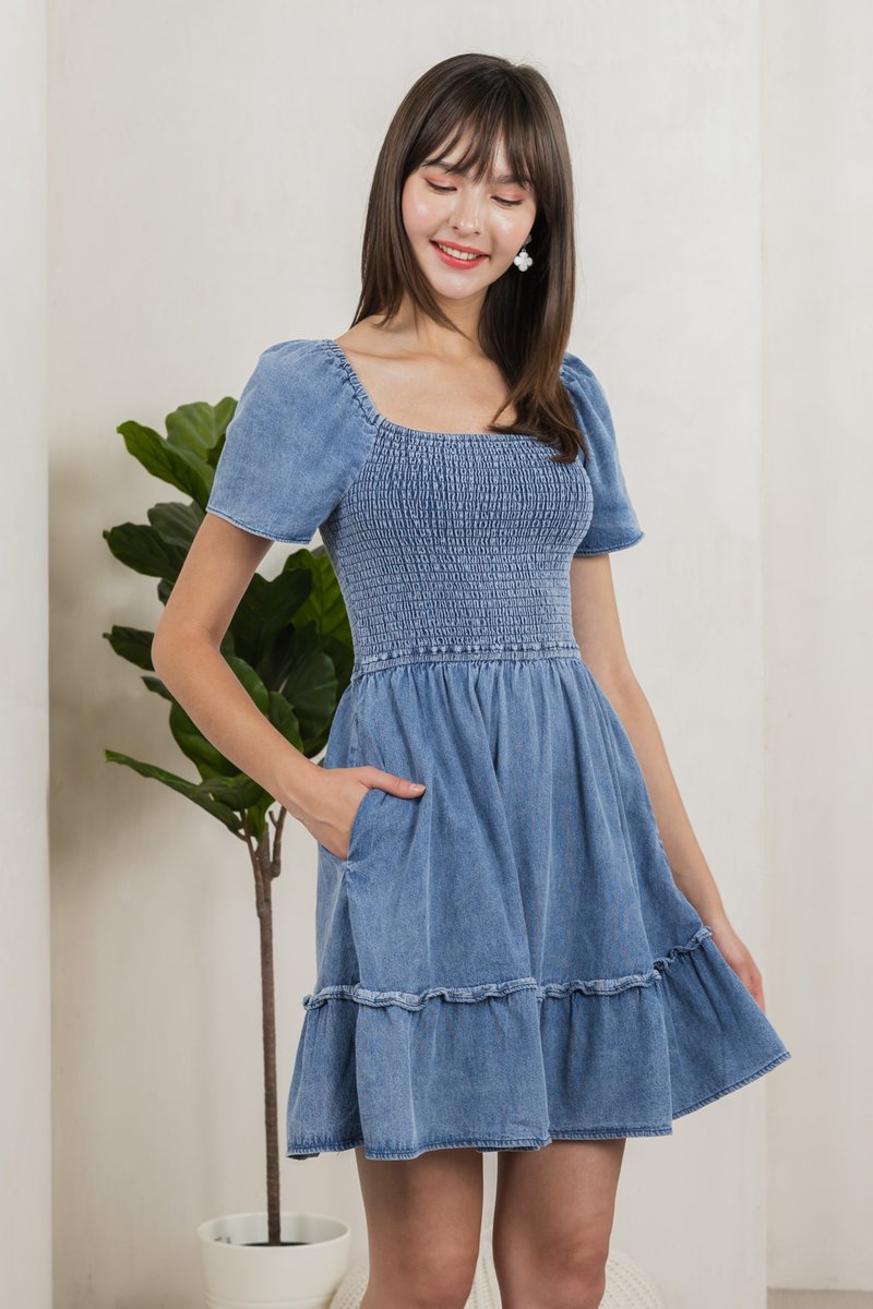 Rumi Smocked Denim Ruffles Dress (XS)