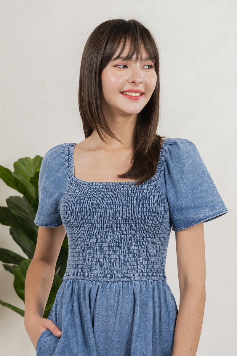 Rumi Smocked Denim Ruffles Dress (XS)