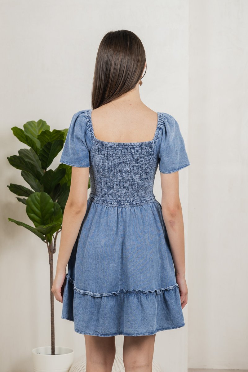 Rumi Smocked Denim Ruffles Dress (XS)