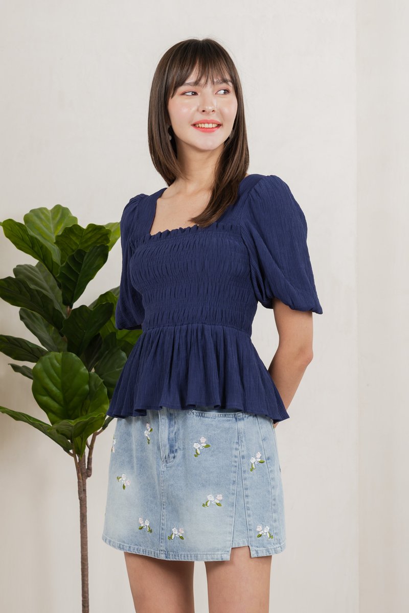 Salvia Textured Smocked Top In Navy