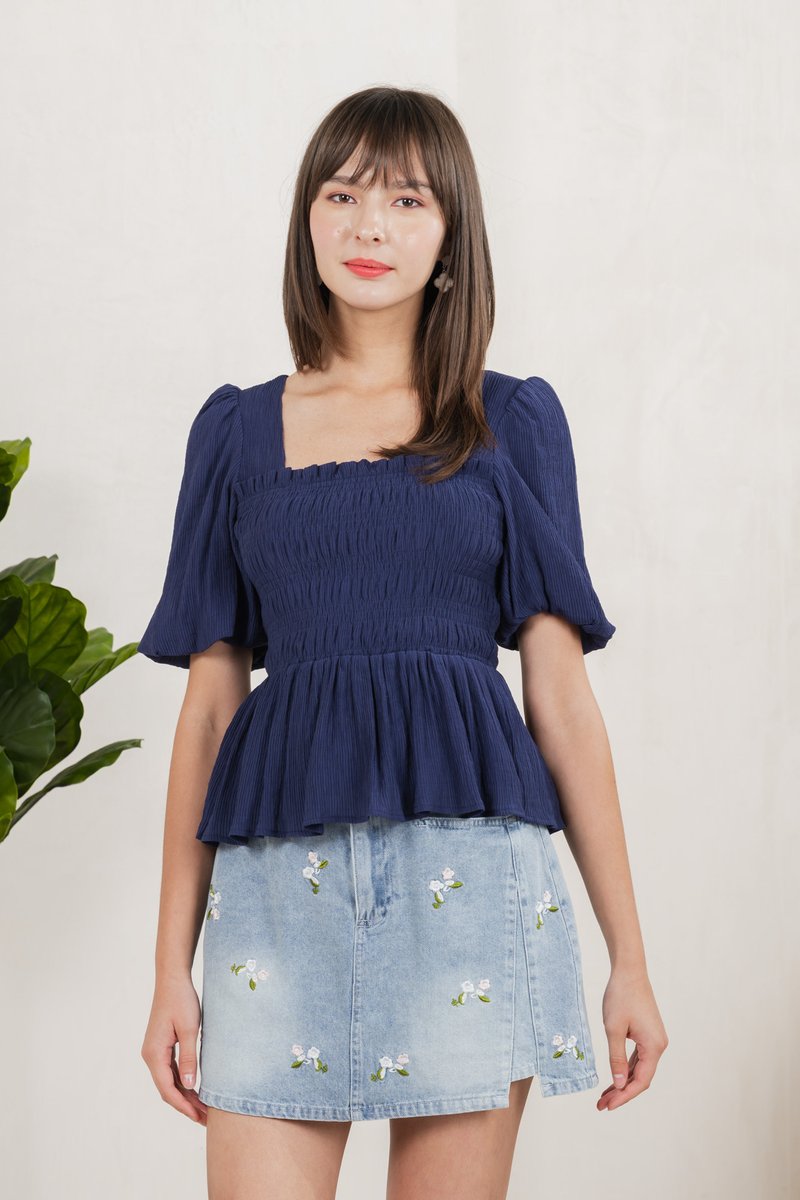 Salvia Textured Smocked Top In Navy