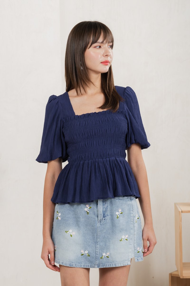 Salvia Textured Smocked Top In Navy