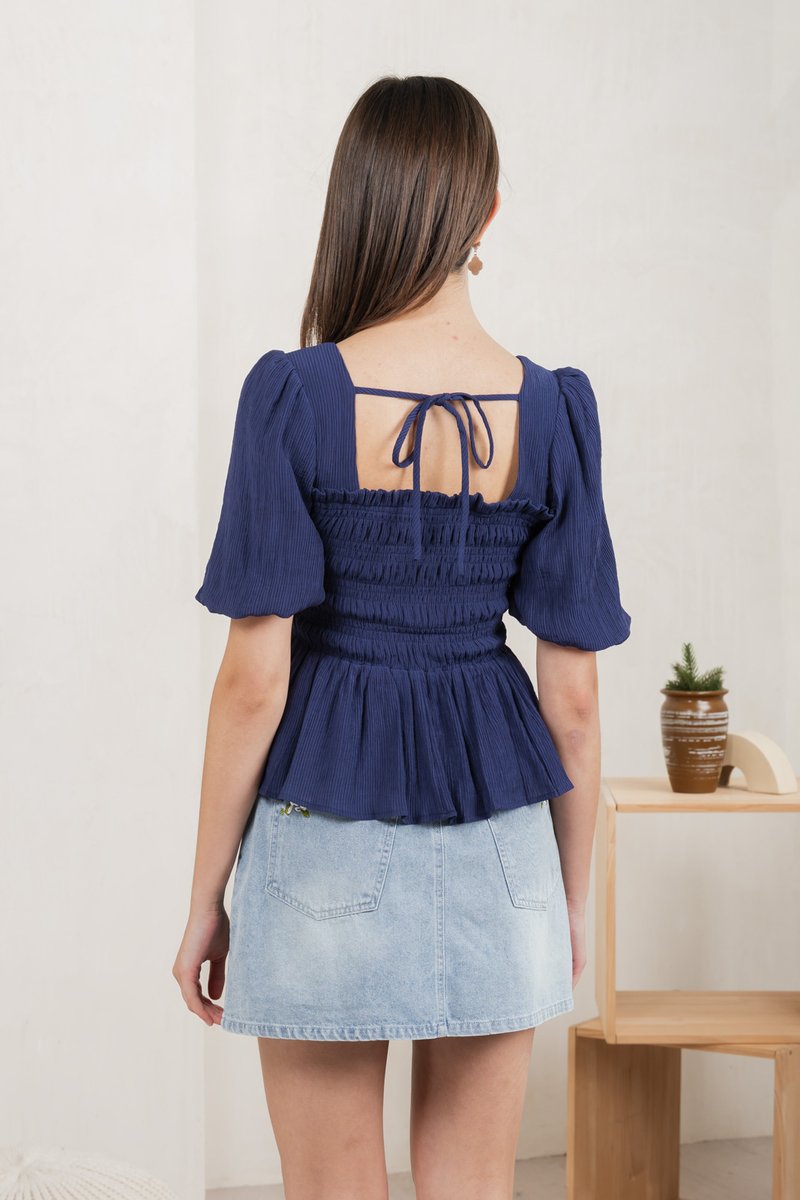 Salvia Textured Smocked Top In Navy