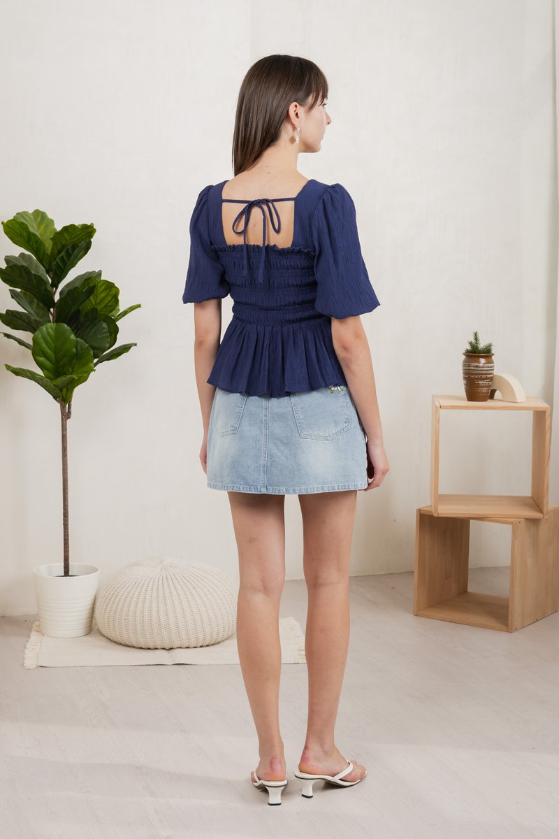 Salvia Textured Smocked Top In Navy
