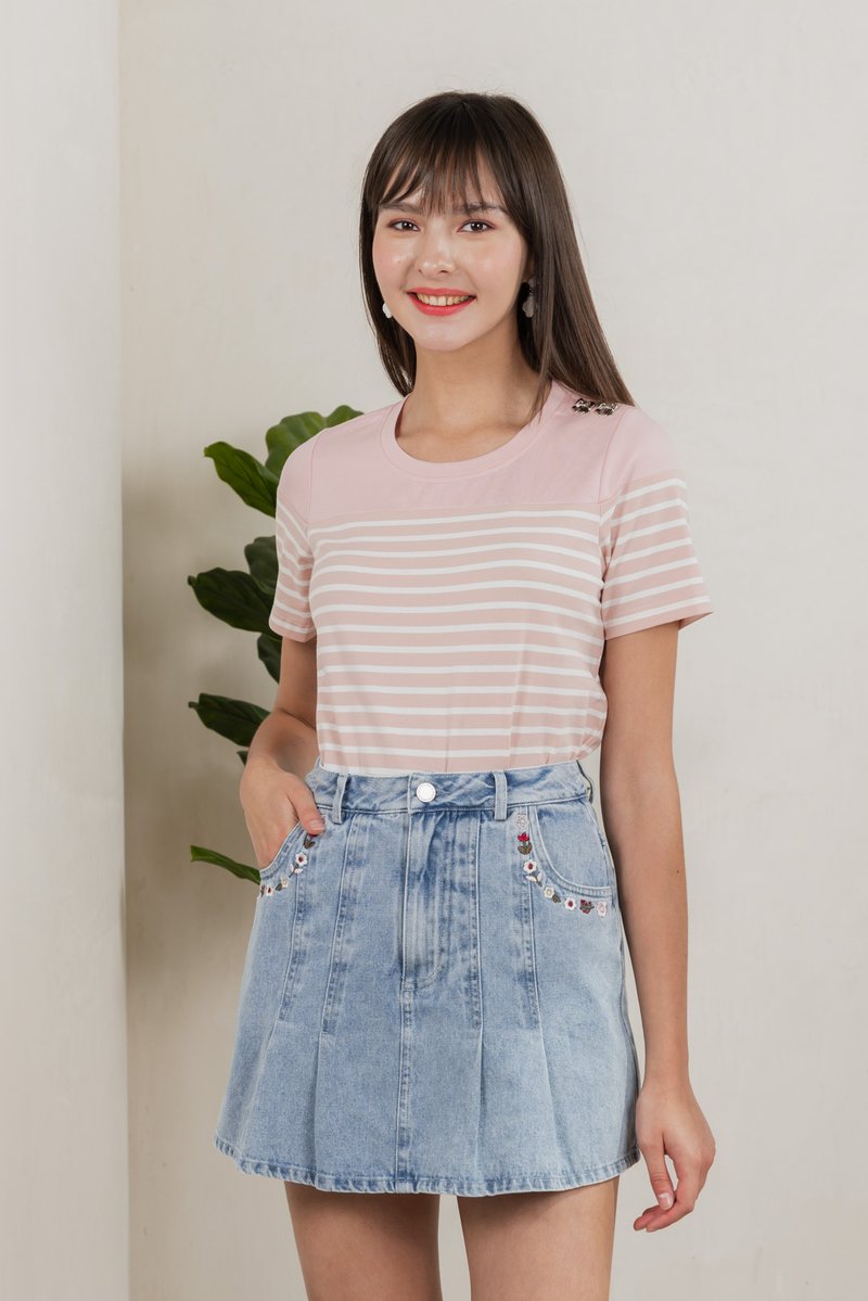 Berlin Striped Ribbon Button Tee In Pink