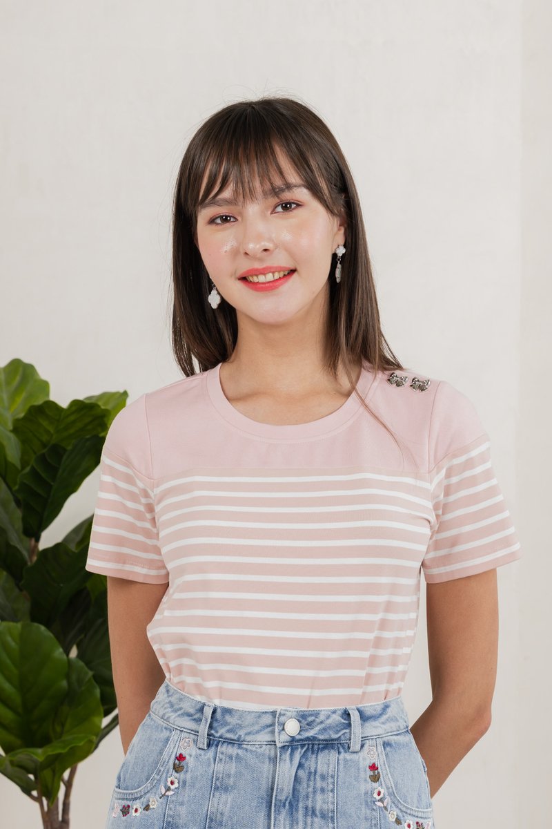 Berlin Striped Ribbon Button Tee In Pink