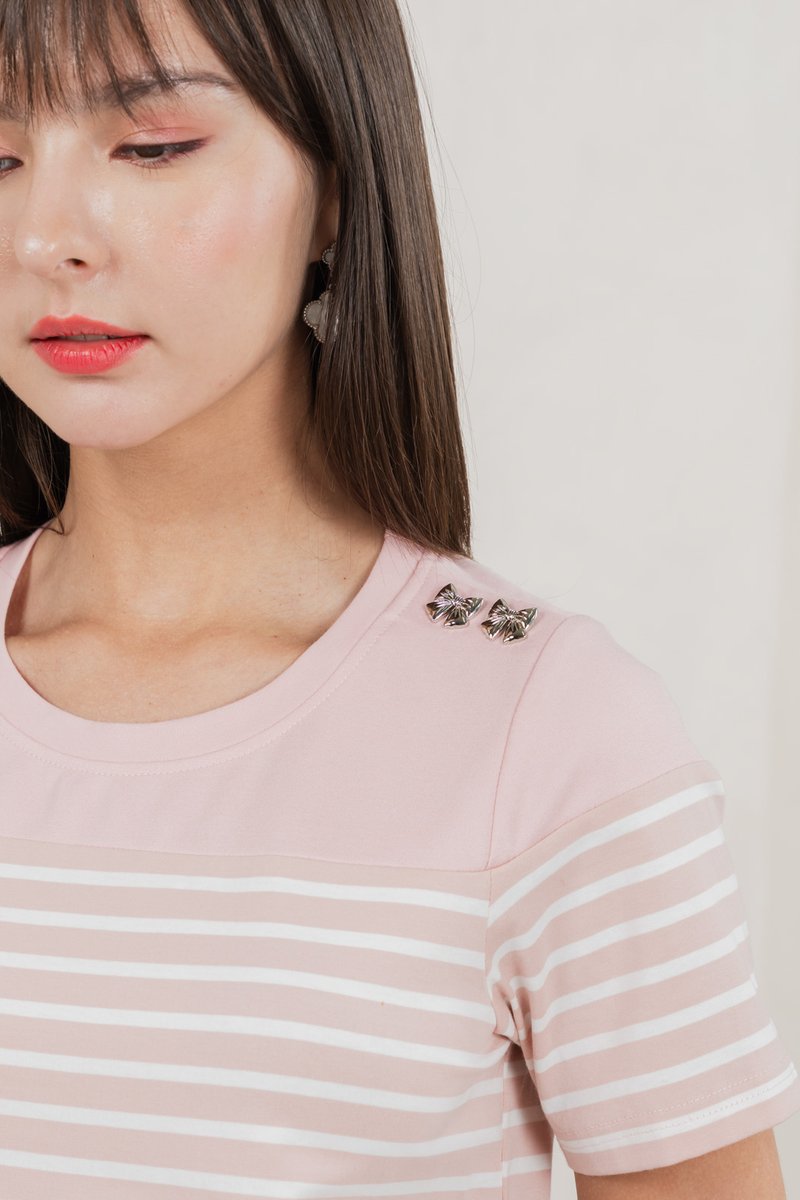 Berlin Striped Ribbon Button Tee In Pink