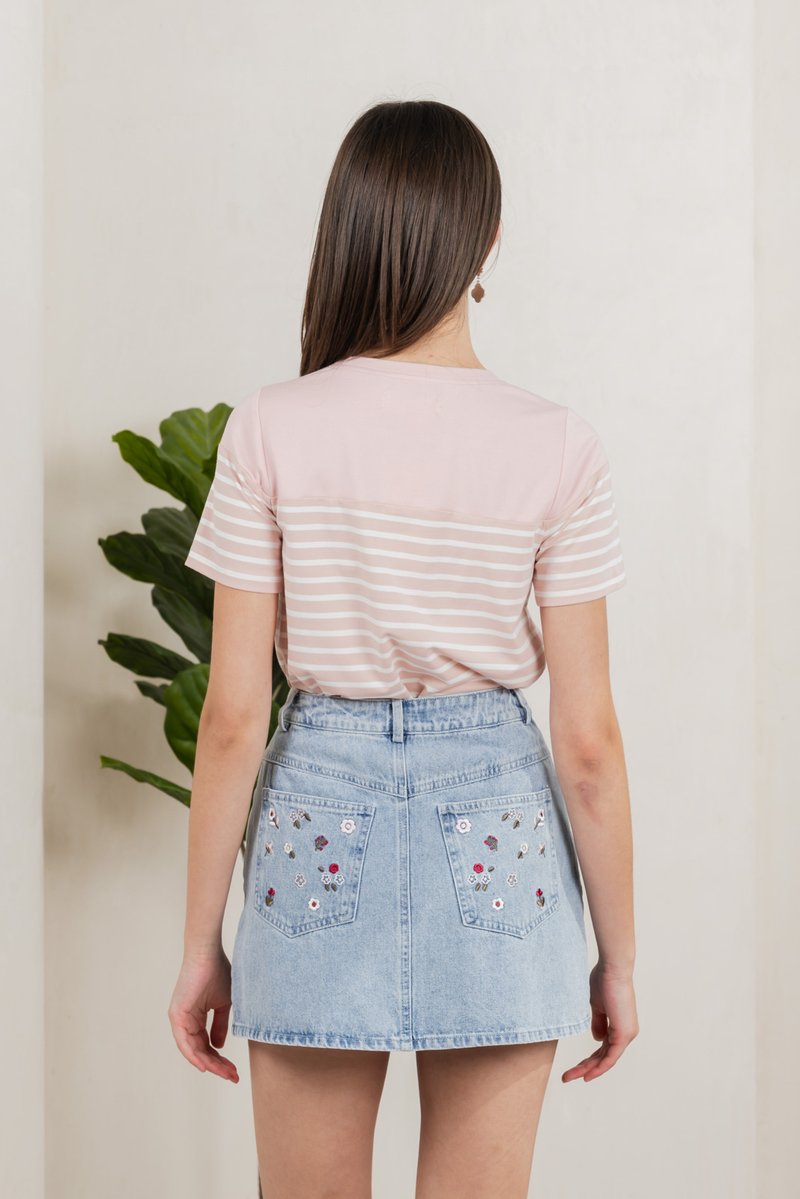 Berlin Striped Ribbon Button Tee In Pink