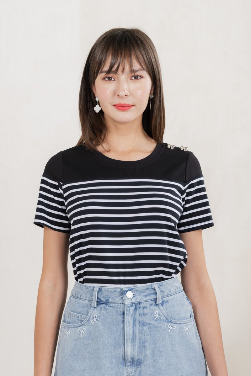 Berlin Striped Ribbon Button Tee In Black (S)