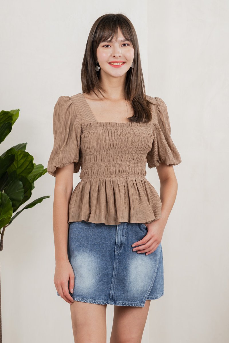 Salvia Textured Smocked Top In Khaki