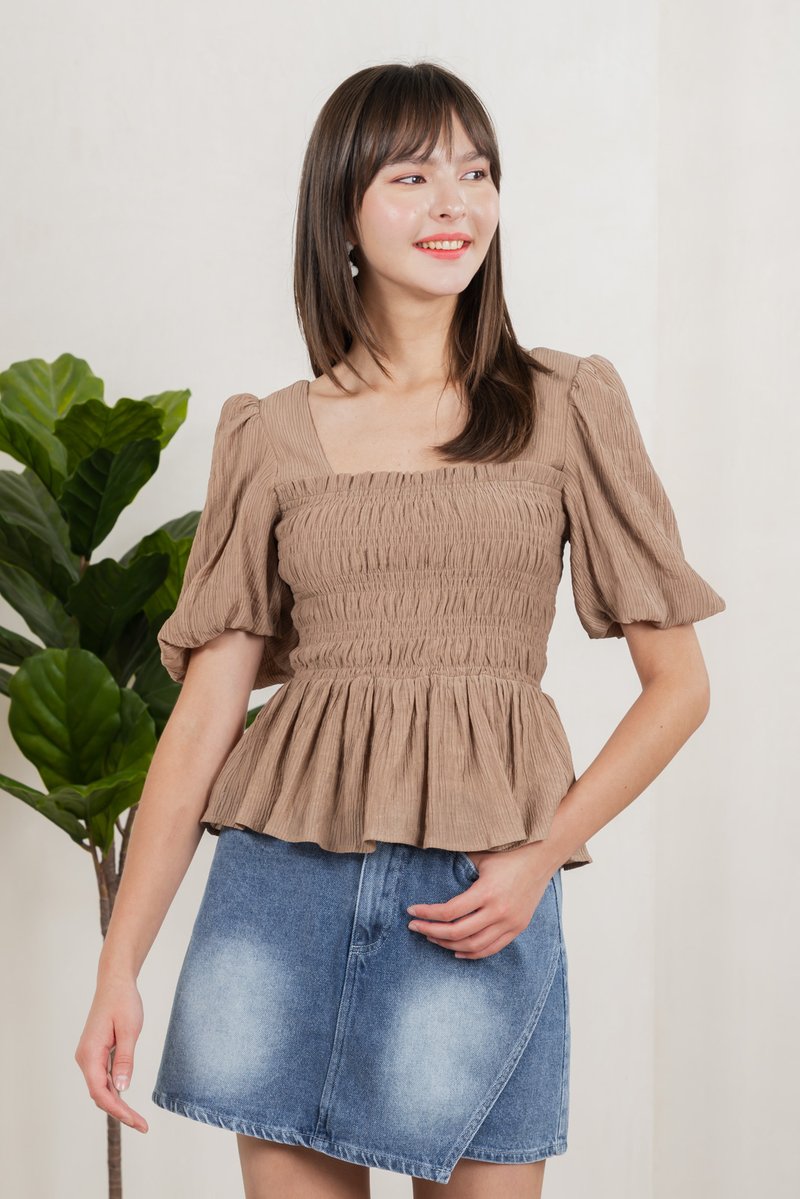 Salvia Textured Smocked Top In Khaki
