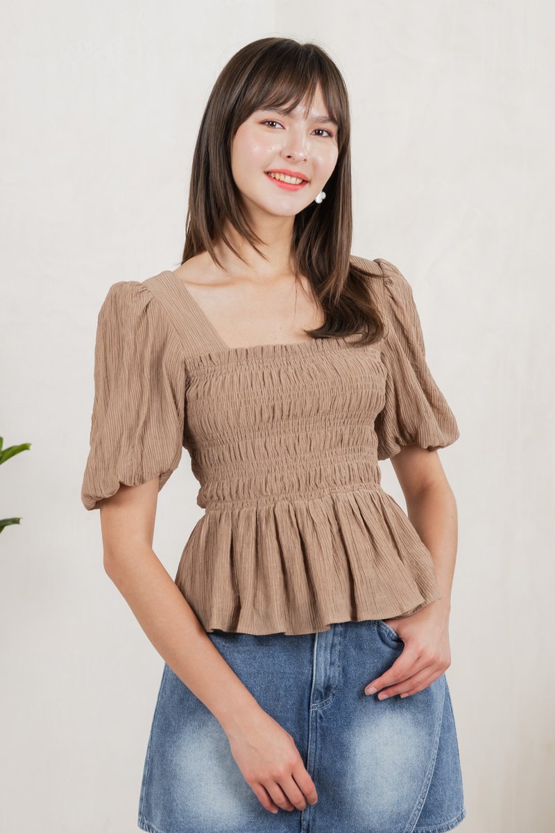 Salvia Textured Smocked Top In Khaki