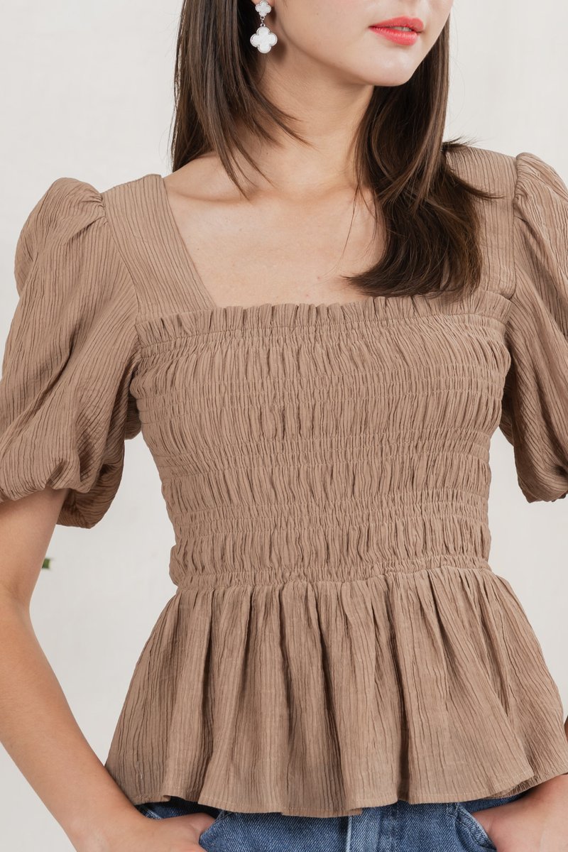 Salvia Textured Smocked Top In Khaki