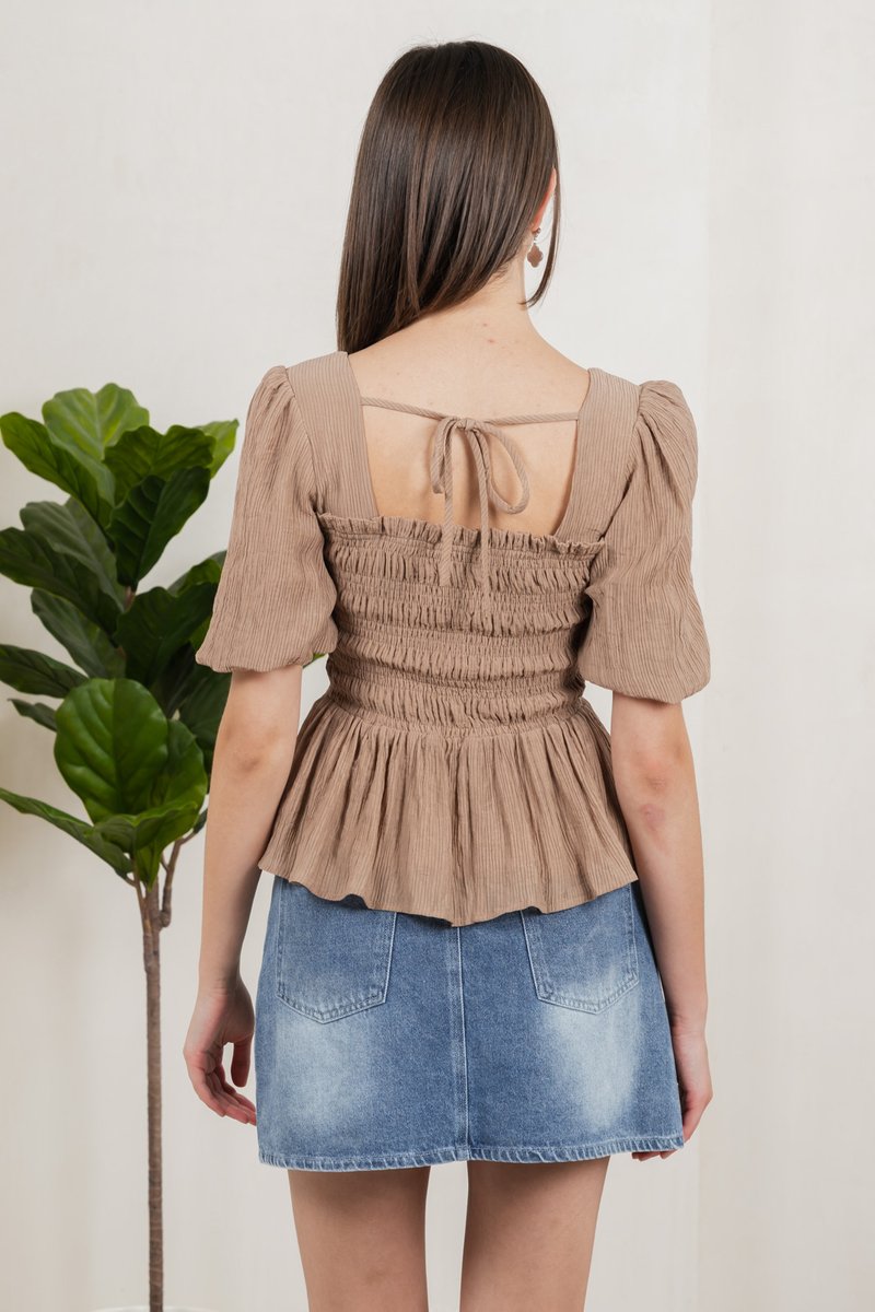 Salvia Textured Smocked Top In Khaki