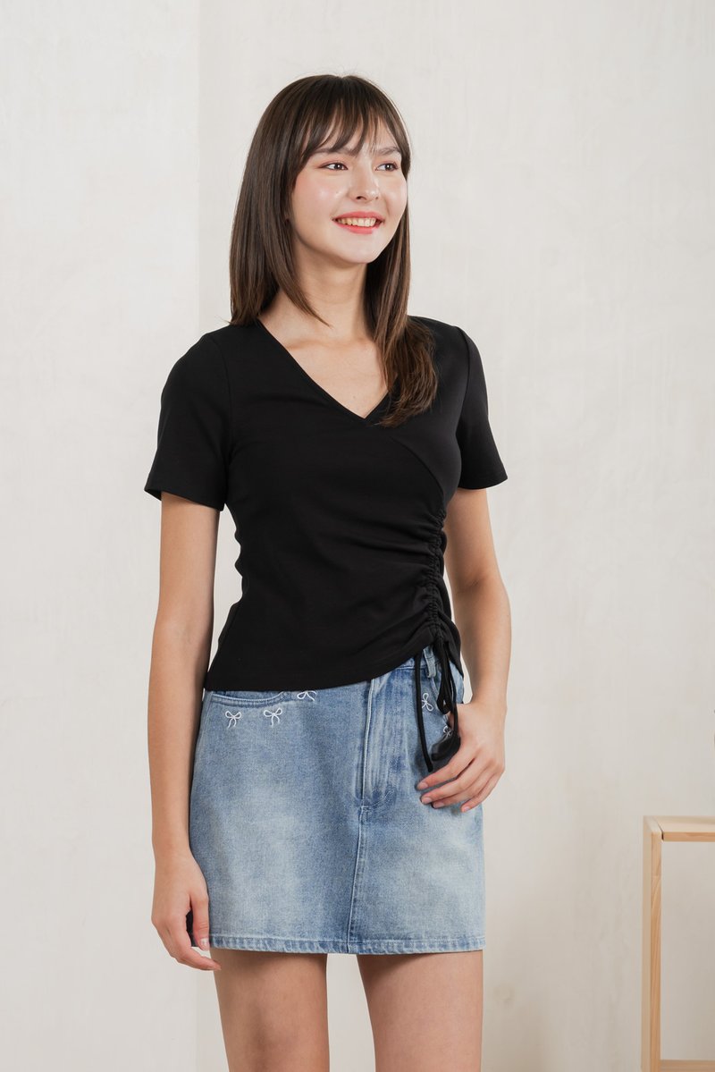 Ren Ruched Cotton Top In Black