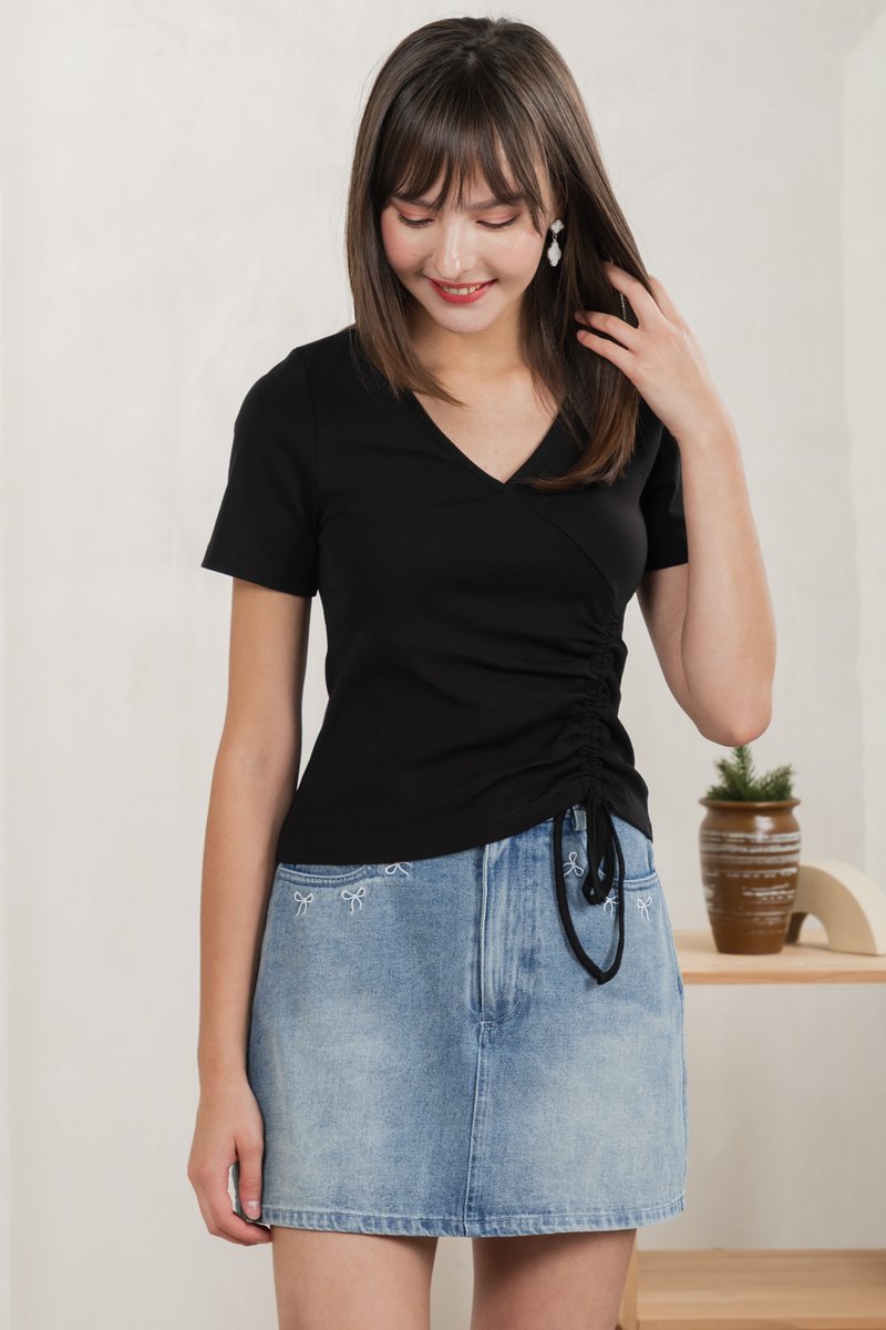 Ren Ruched Cotton Top In Black