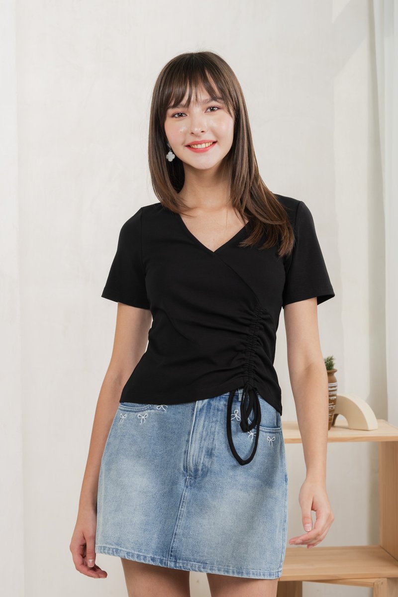 Ren Ruched Cotton Top In Black
