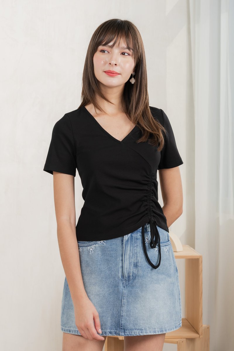 Ren Ruched Cotton Top In Black