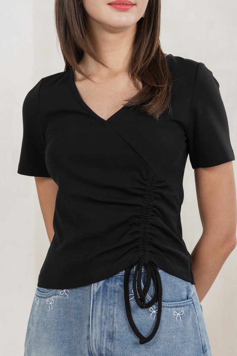 Ren Ruched Cotton Top In Black