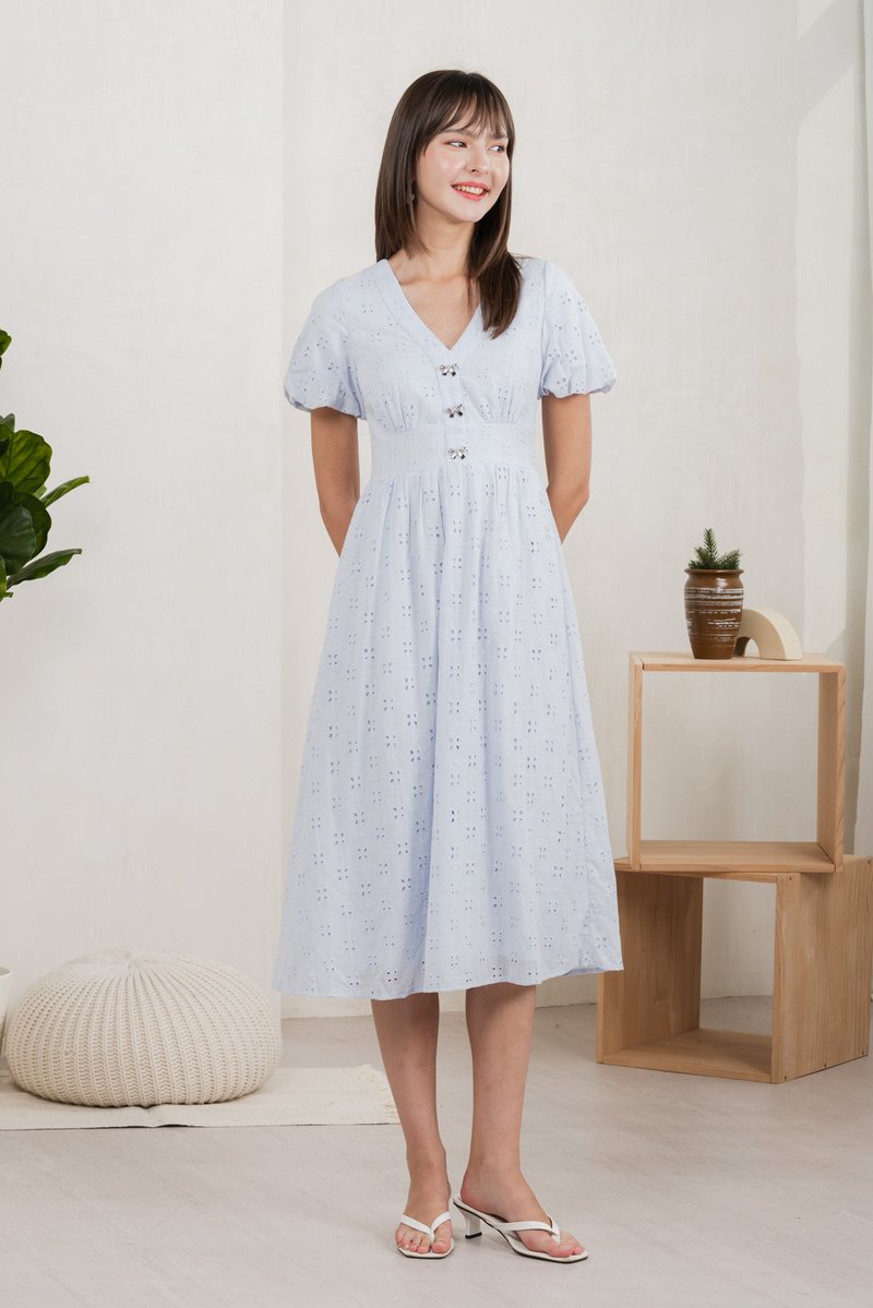 Eunice Ribbon Button Eyelet Midi Dress In Blue (XS)