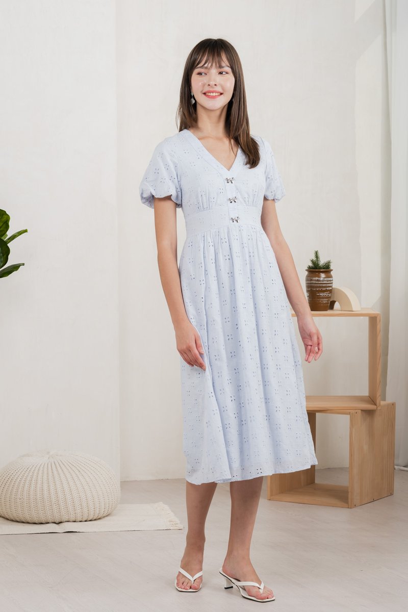 Eunice Ribbon Button Eyelet Midi Dress In Blue (XS)