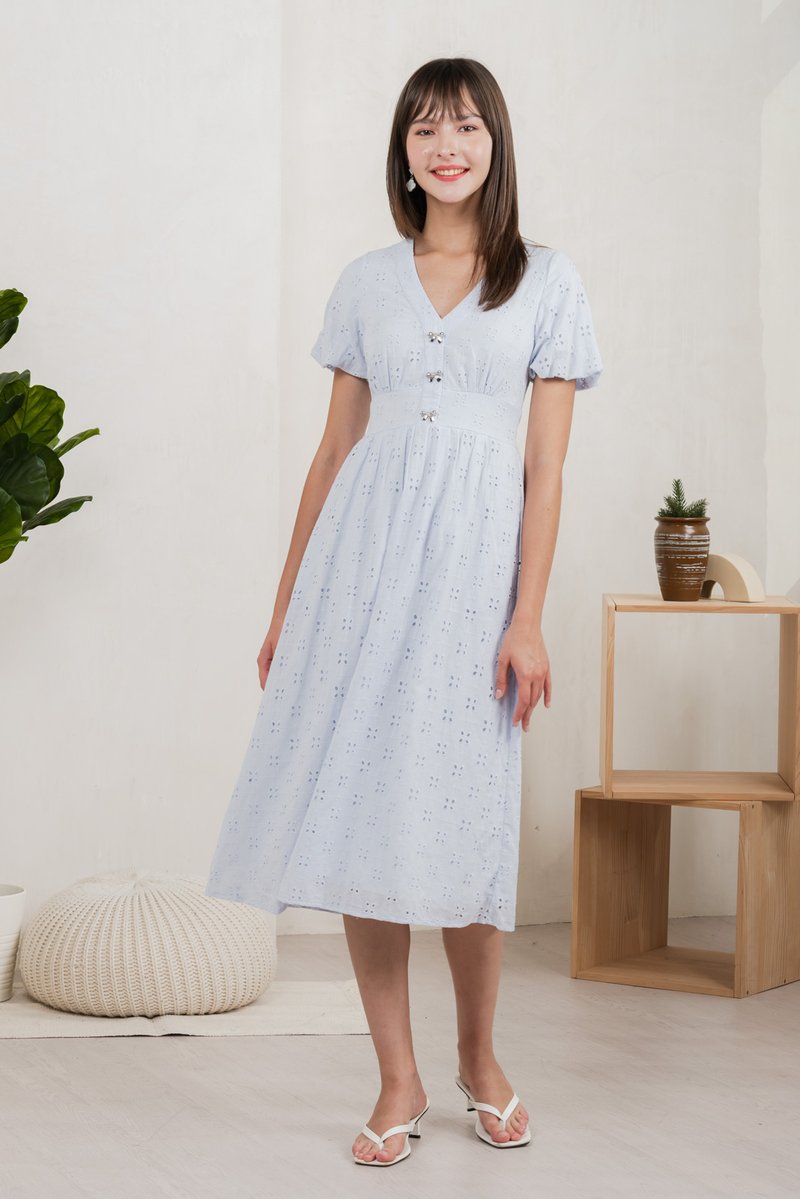 Eunice Ribbon Button Eyelet Midi Dress In Blue (XS)