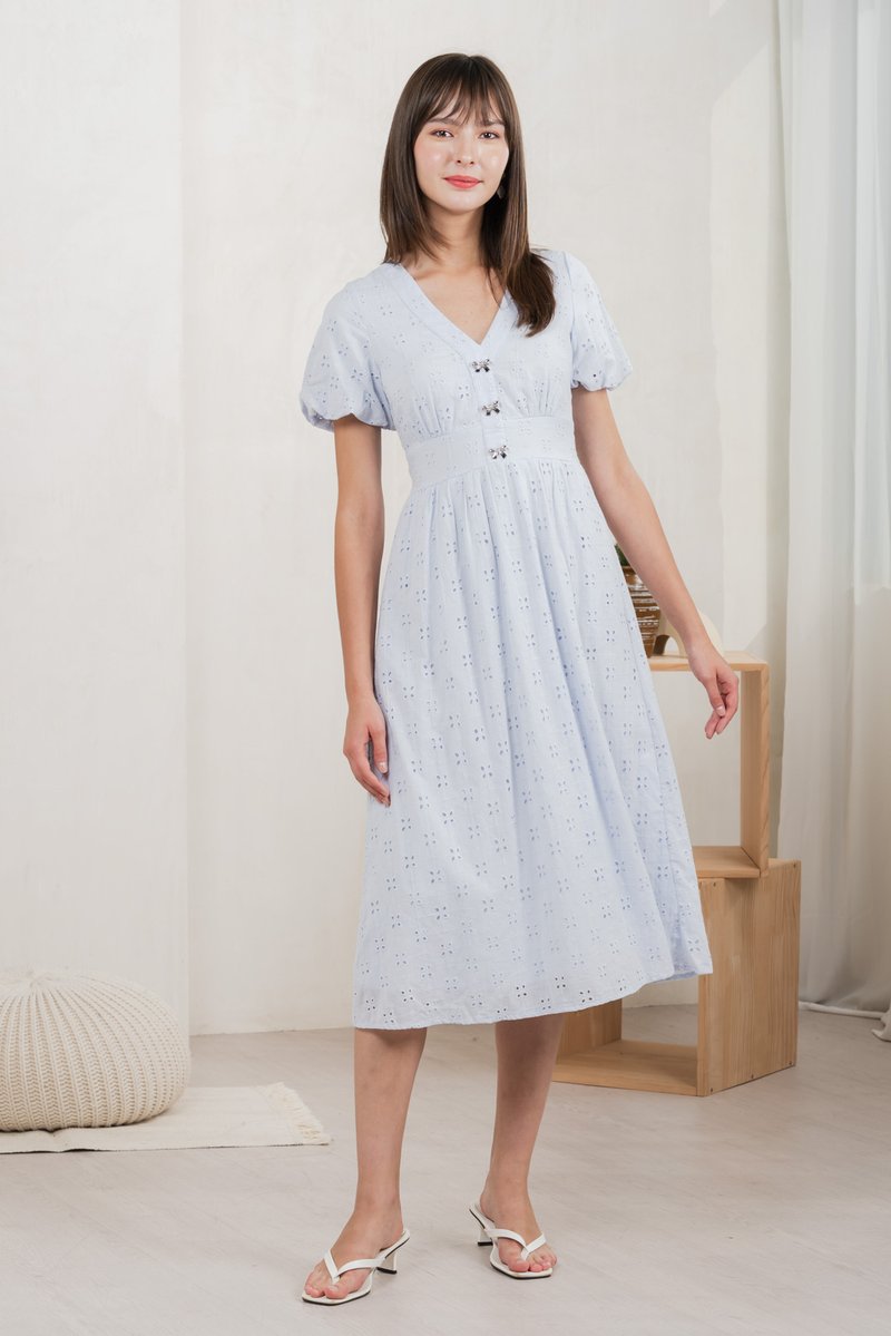 Eunice Ribbon Button Eyelet Midi Dress In Blue (XS)