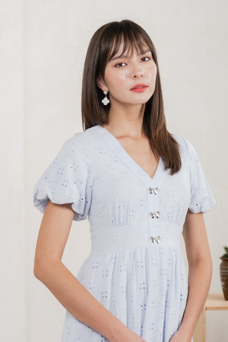 Eunice Ribbon Button Eyelet Midi Dress In Blue (XS)