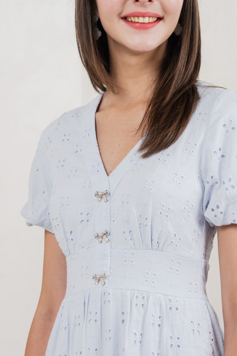 Eunice Ribbon Button Eyelet Midi Dress In Blue (XS)